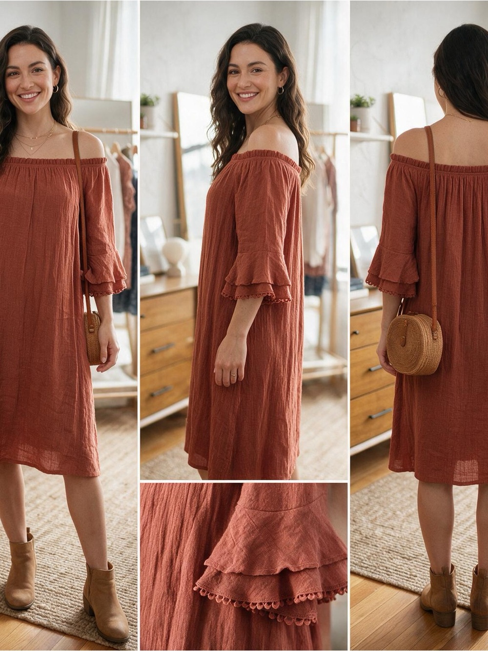 NAIF Rust Off-Shoulder 3/4 Sleeve Women’s Boho Dress